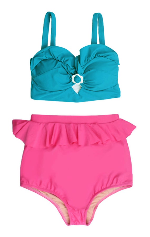 Turquoise padded top and Pink Fringe High Waist Waisted Rise