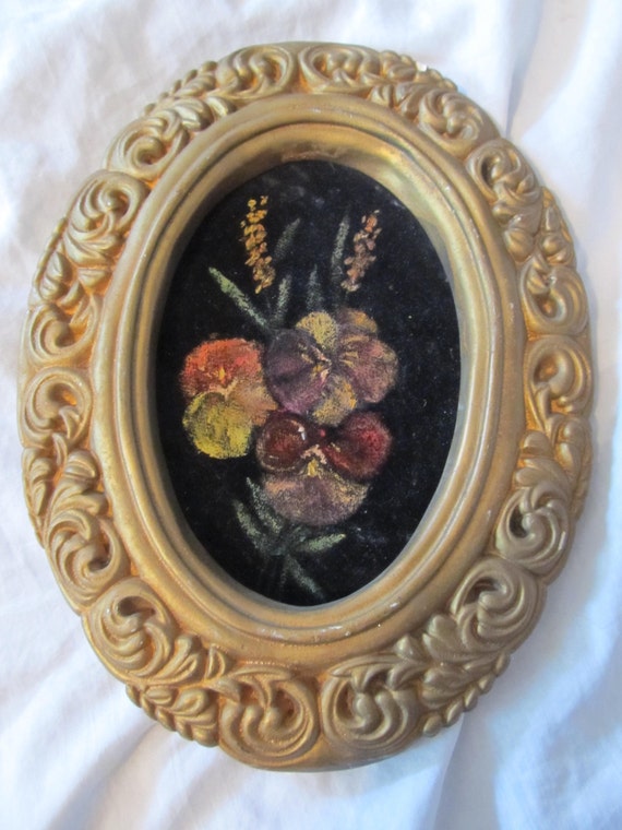 Antique Velvet Floral Painting In Frame