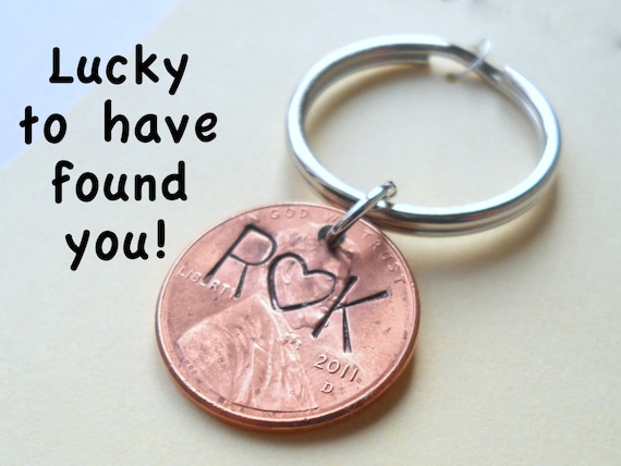 Personalized Couple Keychain, Lucky Penny, Initial on Specific Year Key Chain, Key Ring for Husband, Wife, Boyfriend, Girlfriend, Found You!