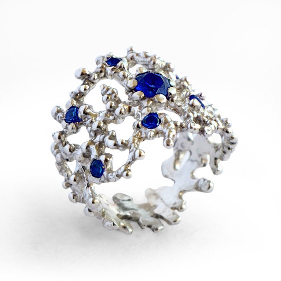 CORAL Blue Sapphire Ring Sterling Silver Sapphire by AroshaTaglia