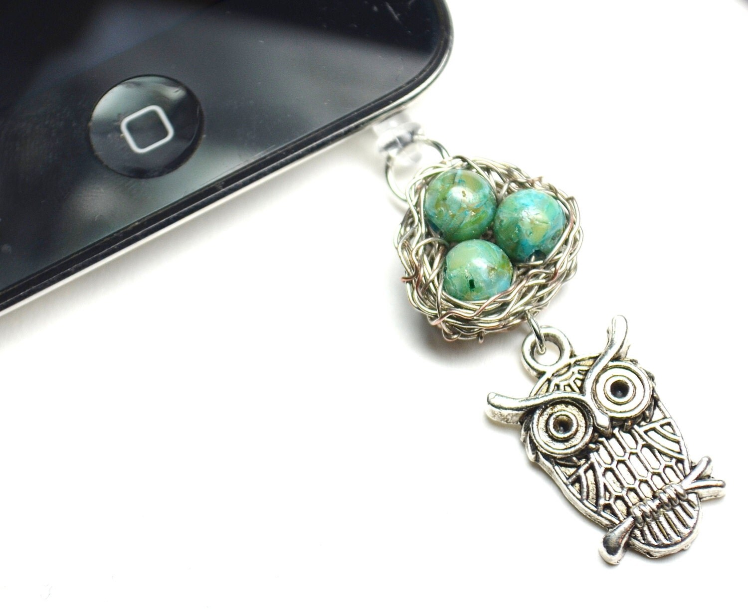 Cellphone Charm Headphone Jack Plug Wire Wrapped Owl Nest