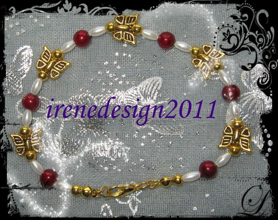 Beautiful Handmade Gold Bracelet with Red, White Pearls & Butterflies