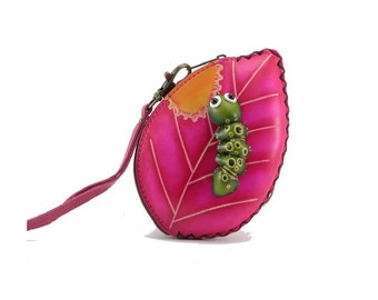 Caterpillar on Leaf Wristlet / Coin Purse / Genuine Leather / Wrist Purse / Pink