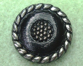 Czech Glass Button 23mm - hand painted - black, silver (B23086)