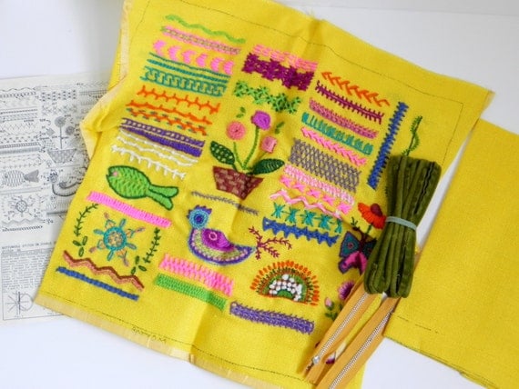 CREWEL EMBROIDERY KIT for Throw Pillow Sampler Yellow