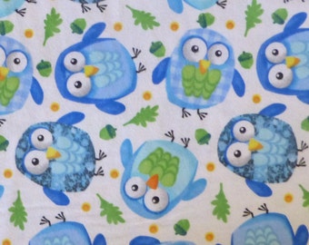 Flannel, Cotton Flannel Fabric, Quilt Flannel, Baby Fabric,Blue Owls on White, Flannel by Fabri-Quilt, Companion Fabric, By the Yard
