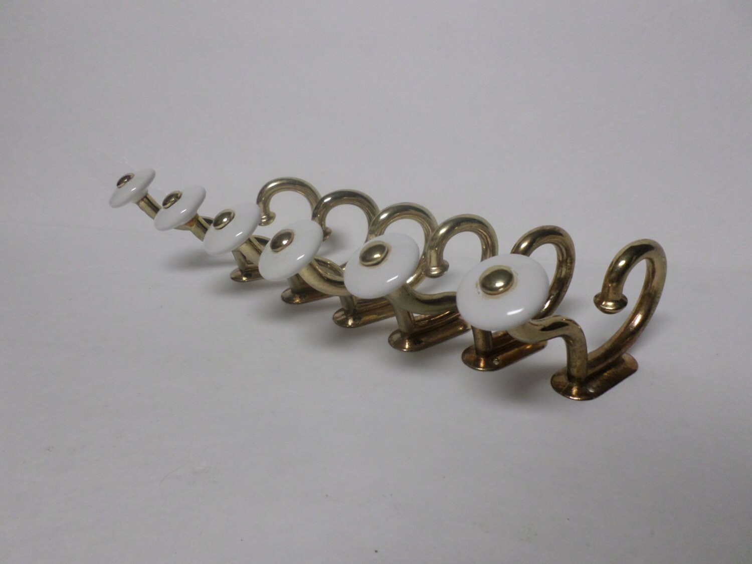 Brass Hooks with Porcelain Knobs Set of 6 by AandMVintageMarket