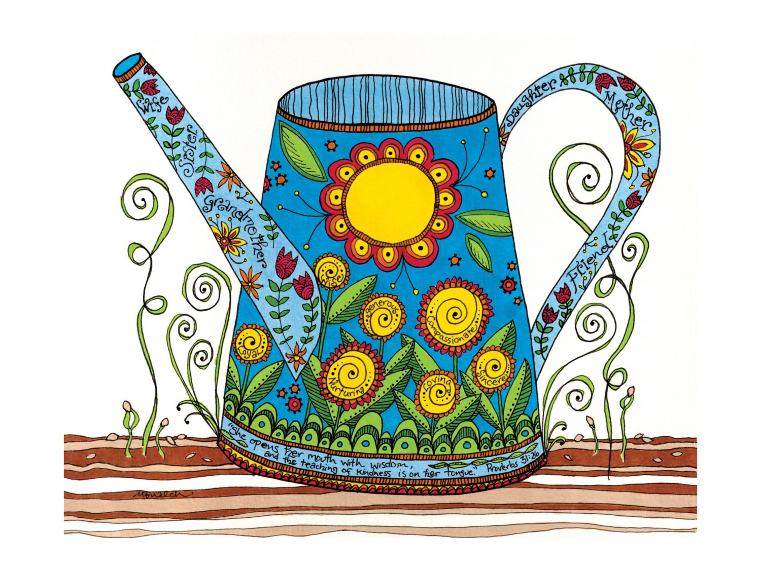 Whimsical Watering Can art print for Grandmother with Proverbs