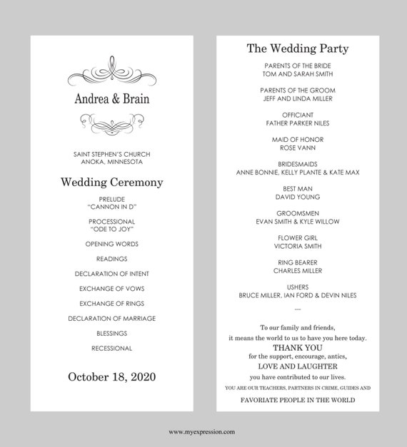 Tea Length Wedding Program Template Black Calligraphy