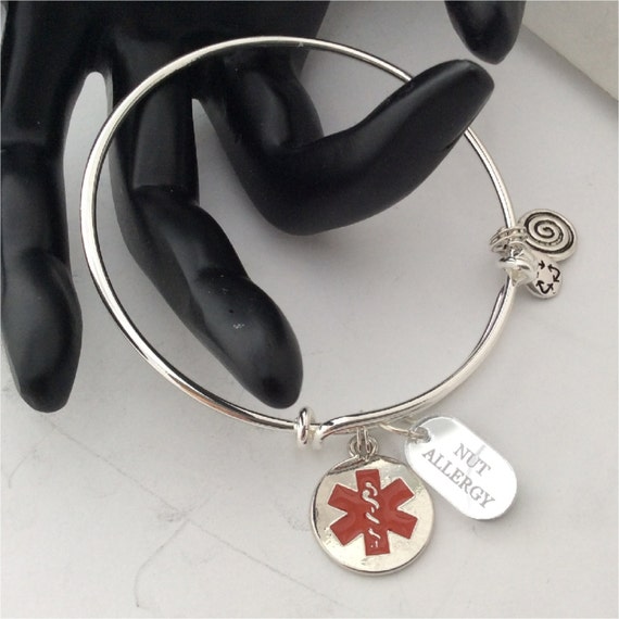 Silver MEDICAL Alert bangle bracelet NUT allergy charm plus