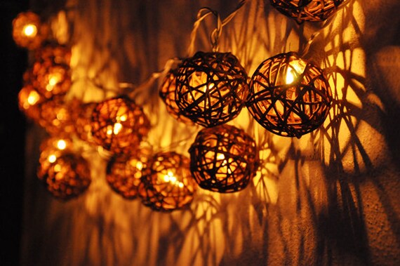 20 Battery Powered dark brown Rattan ball string lights for