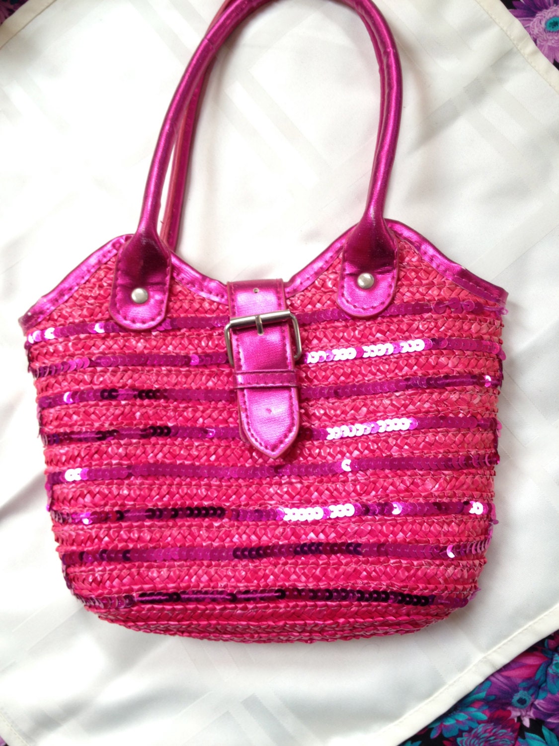 Hot Pink Wicker Sequined Purse