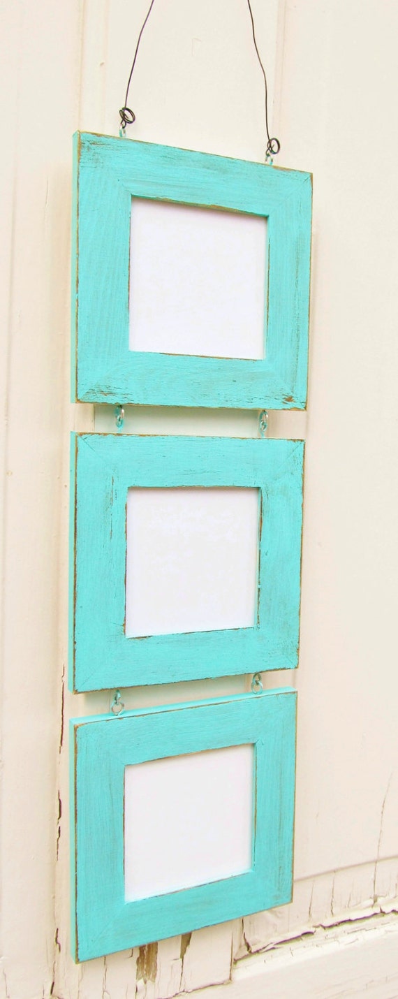 Set of Three Distressed Hanging Frames in Aqua 3x3