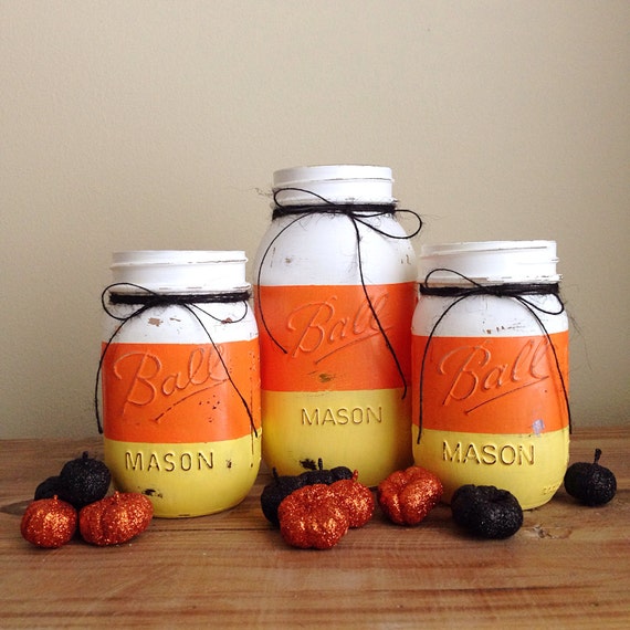 Items similar to Candy Corn Painted & Distressed Mason Jar on Etsy