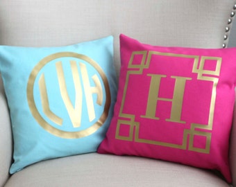 Monogram Throw Pillow Cover | CHOOSE Gold or Silver Foil, Hot Pink monogram pillow wedding name, nursery pillow, "Celtic", "Circle Monogram"