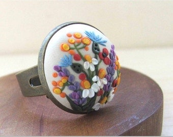 Floral Jewelry- Flower Polymer Clay Jewelry- Flower Ring- Beige and Colorfu l- MADE TO ORDER