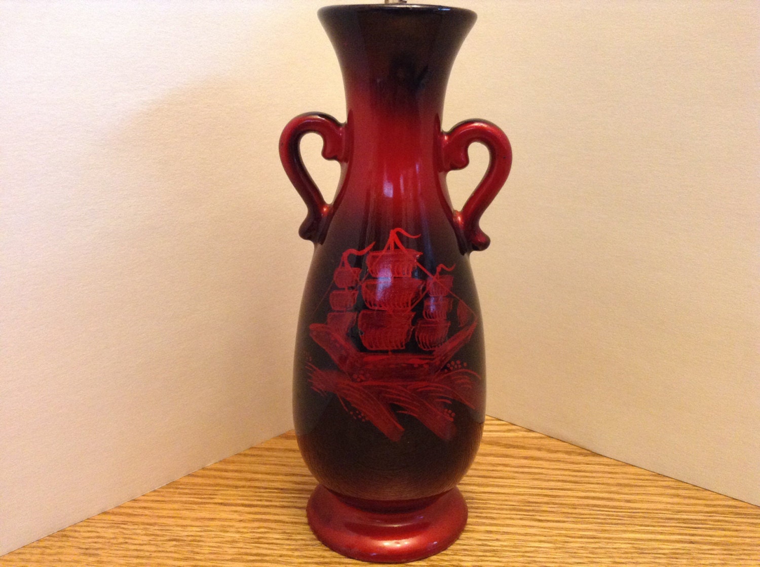 Vintage Red Pottery Vase Ship Design