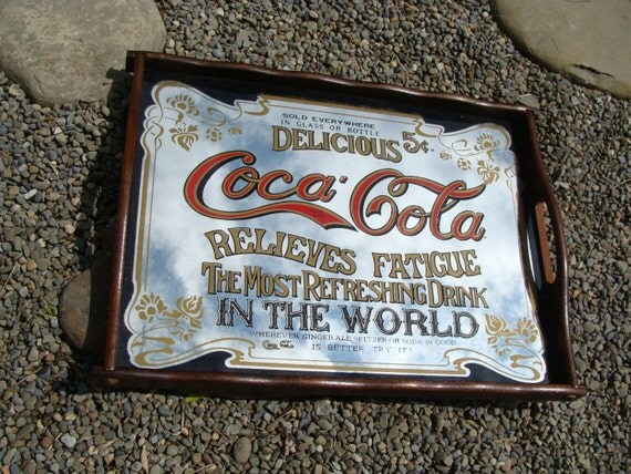 Vintage Coca Cola Advertising Mirror And Wood Serving Tray