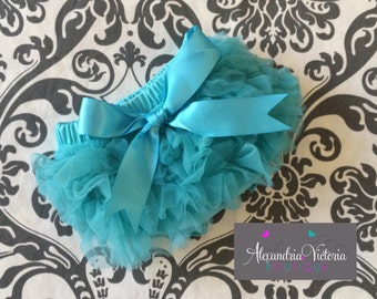 TURQUOISE BLOOMER with BOW, chiffon ruffle diaper cover, photo prop, newborn ruffle bloomer-ready to ship!