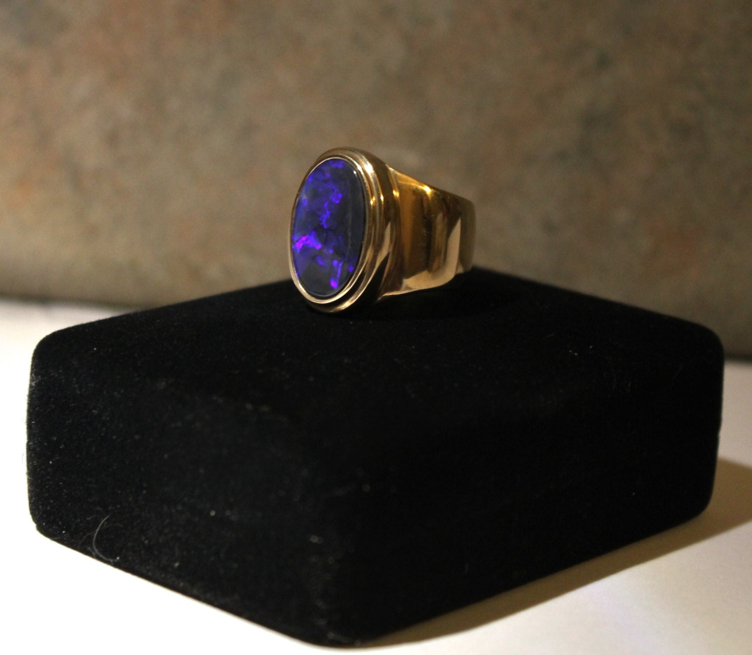 14k solid gold and Black Australian Opal mens ring.