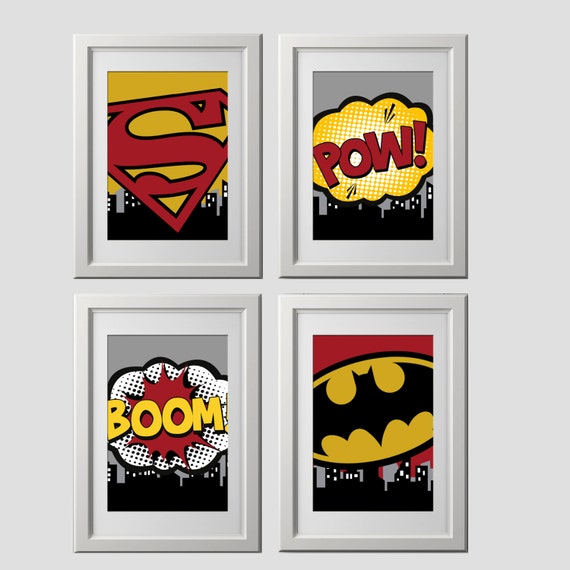 superhero wall prints, wall decor, super hero prints set of 4, 8x10 inch prints shipped to your door