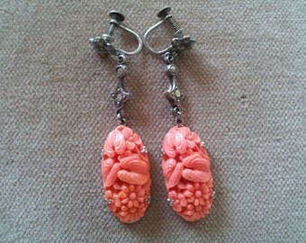 Vintage Sterling Marcasite Coral Glass Earrings, Sterling Molded Glass Earrings