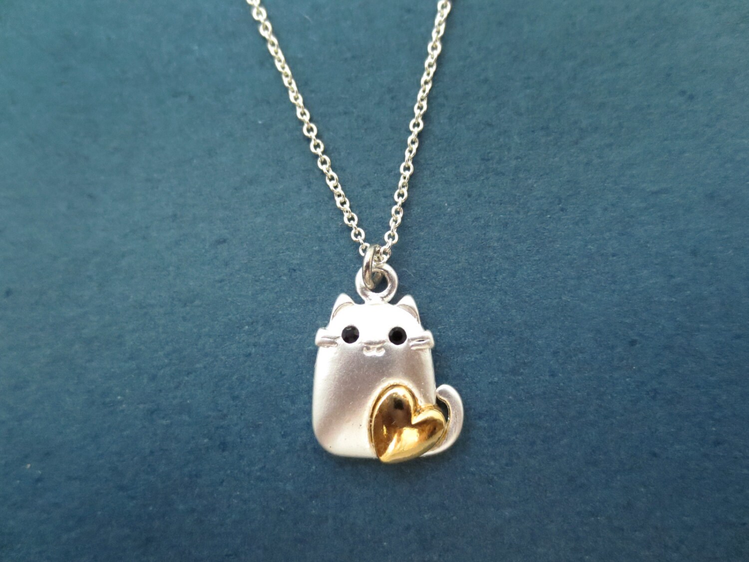 Lovely Cute Cat Gold Heart Silver Necklace Cat Kitty