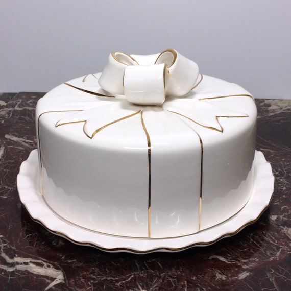 Vintage Cream & Gold Ceramic Cake Plate with Bow Topped Dome