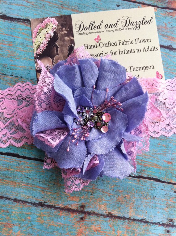 Periwinkle Lavender, Pink Linen and Lace Shabby Chic Headband/ Girls Headband/ Baby Headband/ Womens Headband/ Girls Hairclip/ Flower Brooch