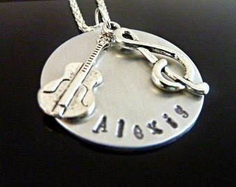 Guitar Necklace Hand stamped musician music note treble clef necklace Personalized jewelry