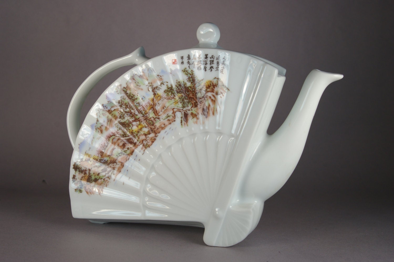 Porcelain Fan Shaped Teapot Made In Korea by Kyong ju Beob Joo