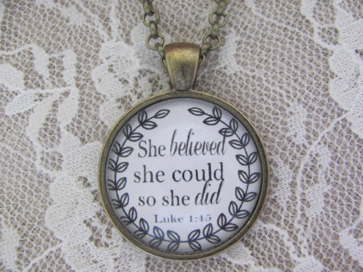 Bible Verse Pendant Necklace She believed she by RedeemedJewelry