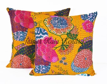Yellow - Kantha Stitch Ikat Cotton Cushion Cover (16 x 16 in) 15