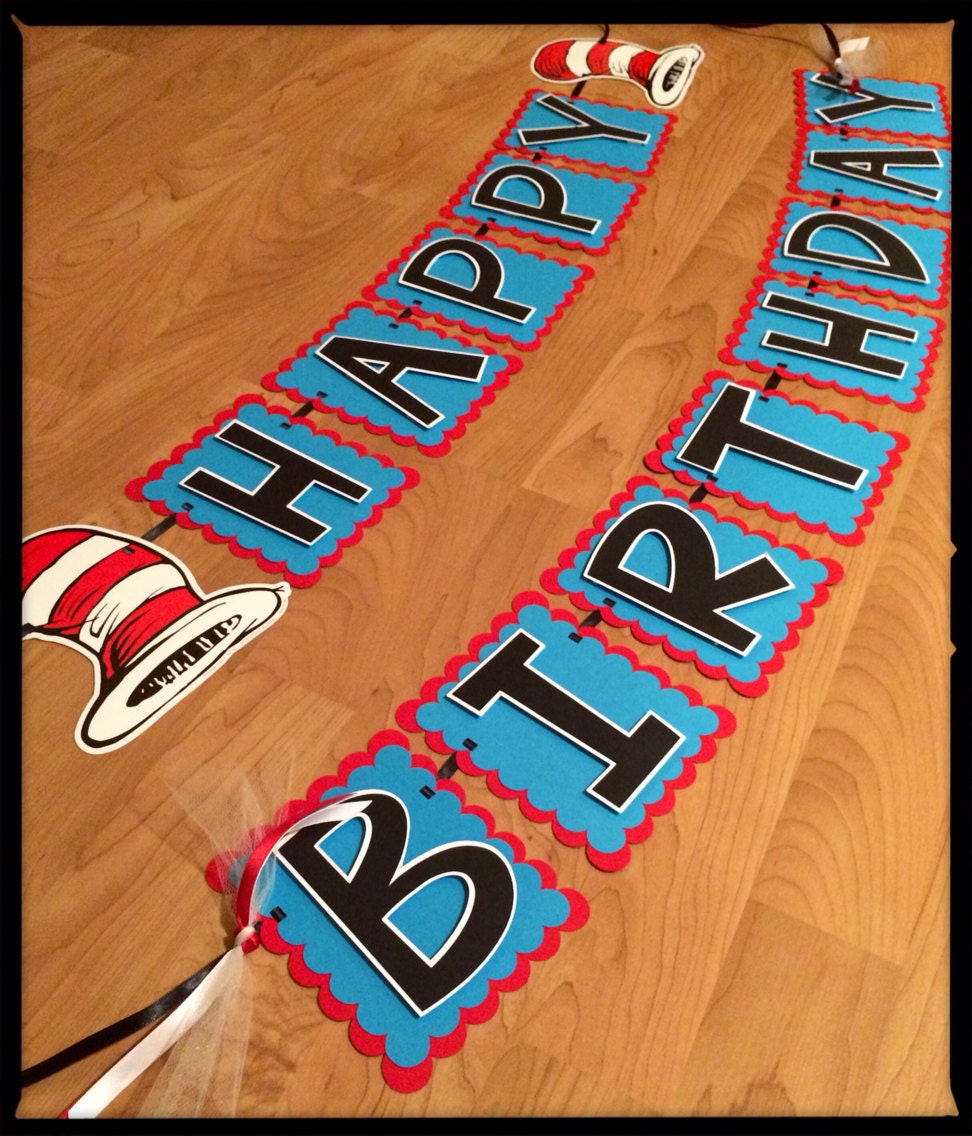 Cat in the Hat themed birthday banner by 927Designs on Etsy