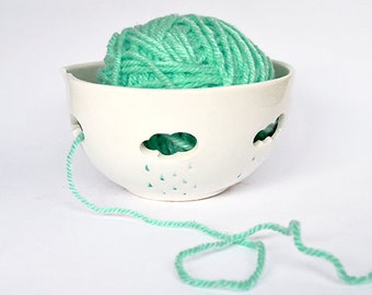 Yarn Bowl Hand Painted in Blue , with Openwork of Clouds and Raindrops. Ready To Ship