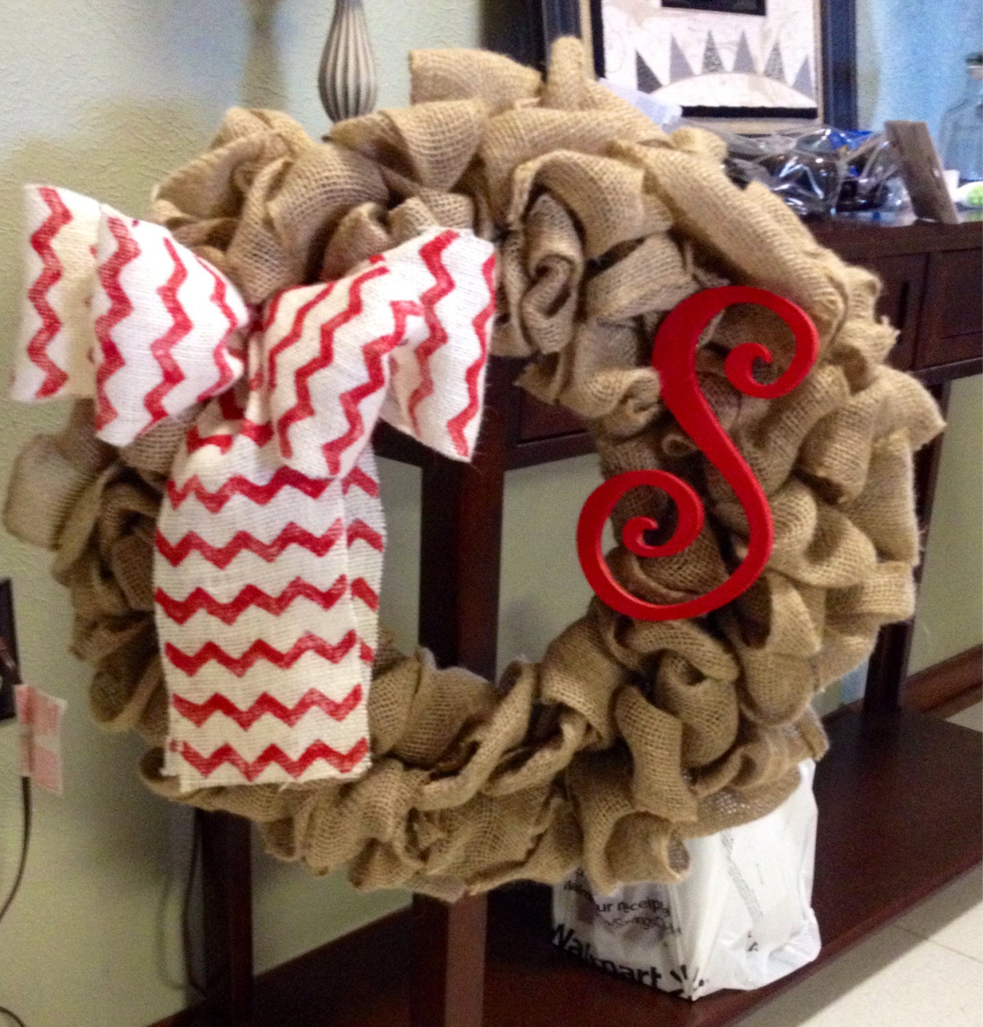 Burlap wreath with custom made chevron print bow and wooden letter