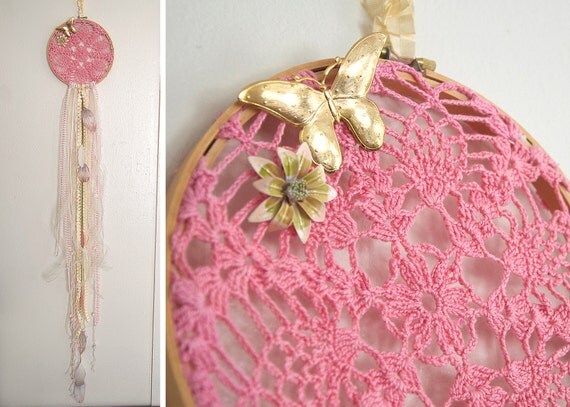 Pink and Beige Doily Dreamcatcher with Vintage Butterfly Brooch