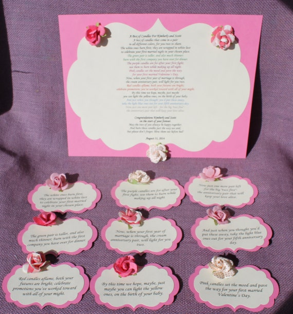 Wedding Shower Candle Poem pink roseTag Set. Bridal candle