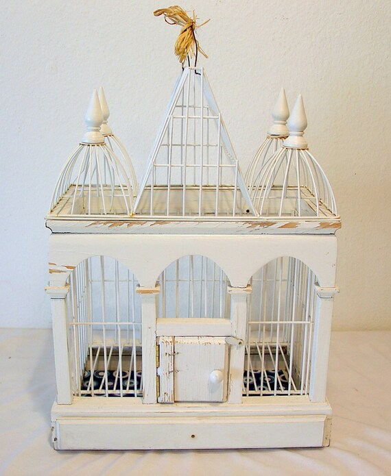 Vintage hand made Bird Cage castle Russian Style White Wood
