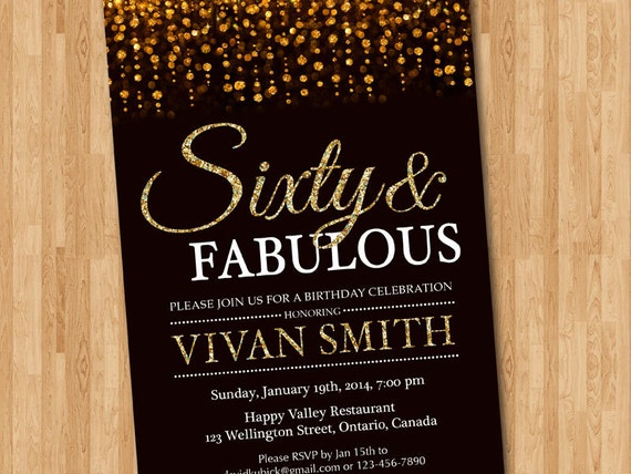 60th birthday invitation women. Sixty and fabulous. Gold