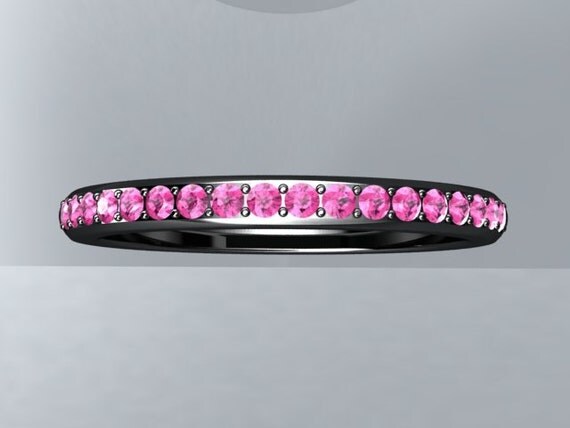 WEDDING BAND 14kt Gold Black Rhodium and Round Pink Sapphires Wedding Band Enagagement Ring PSBGB12