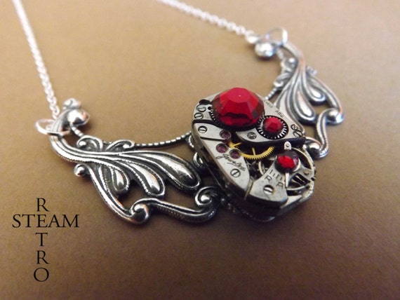 FREE SHIPPING USA Clockwork Pendant & Siam Swarovski Crystals - Steampunk Jewelry by Steamretro by SteamretroUSA steampunk buy now online