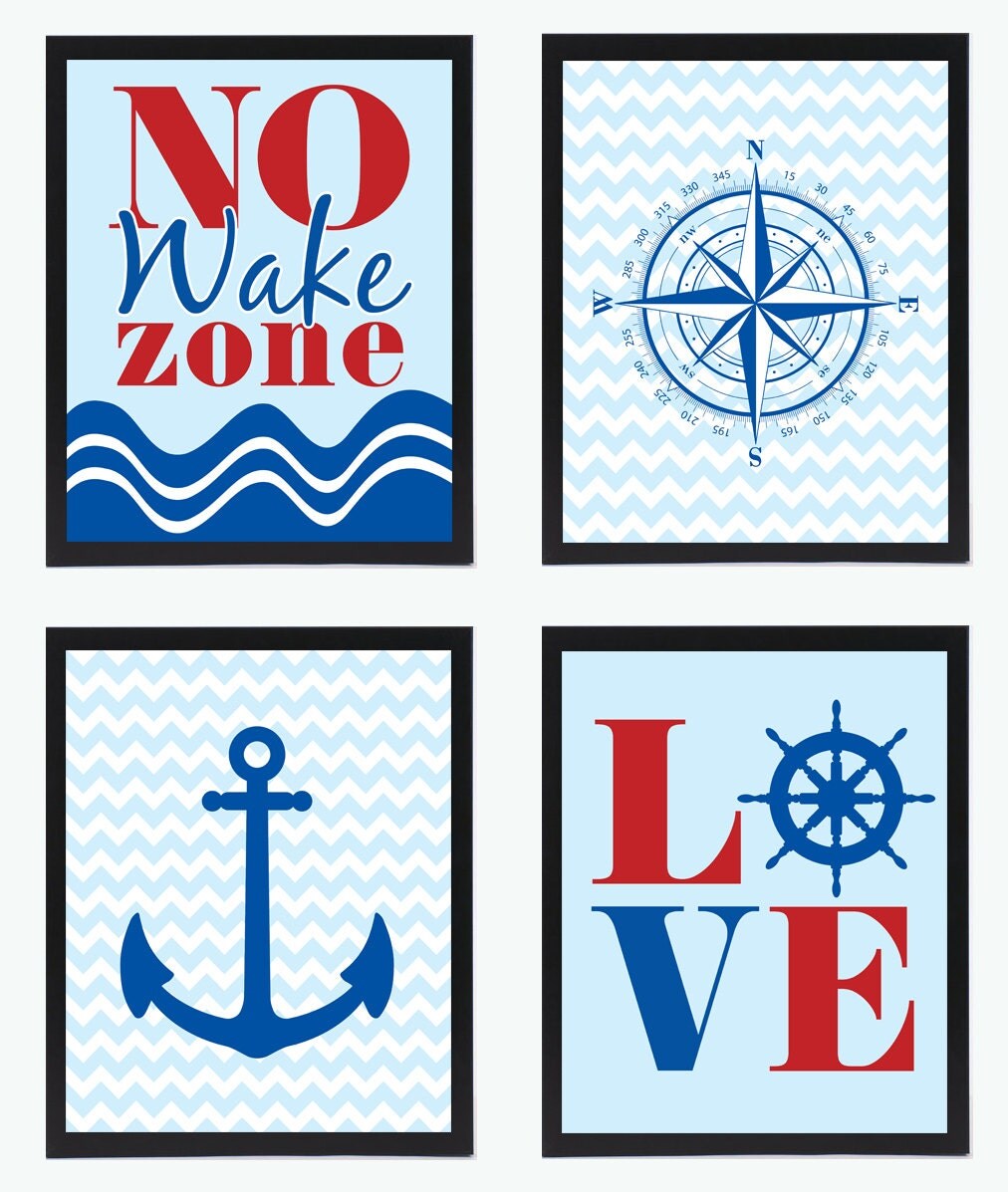 Nautical Themed Wall Decor - Features "No Wake Zone," "LOVE," anchor and compass designs