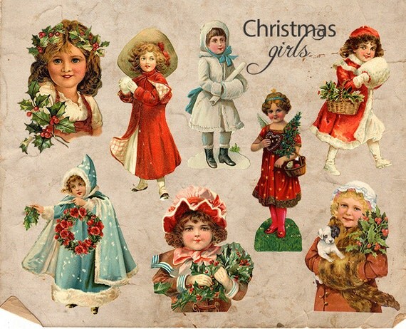 Digital Collage Sheet Christmas Girls Color - Antique Vintage Christmas Children - Christmas Holiday PNG - Illustration INSTANT DOWNLOAD