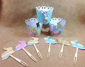 Cupcake Wrappers w/ Matching Toppers-Blue Print Glitter Bunnies Il_170x135