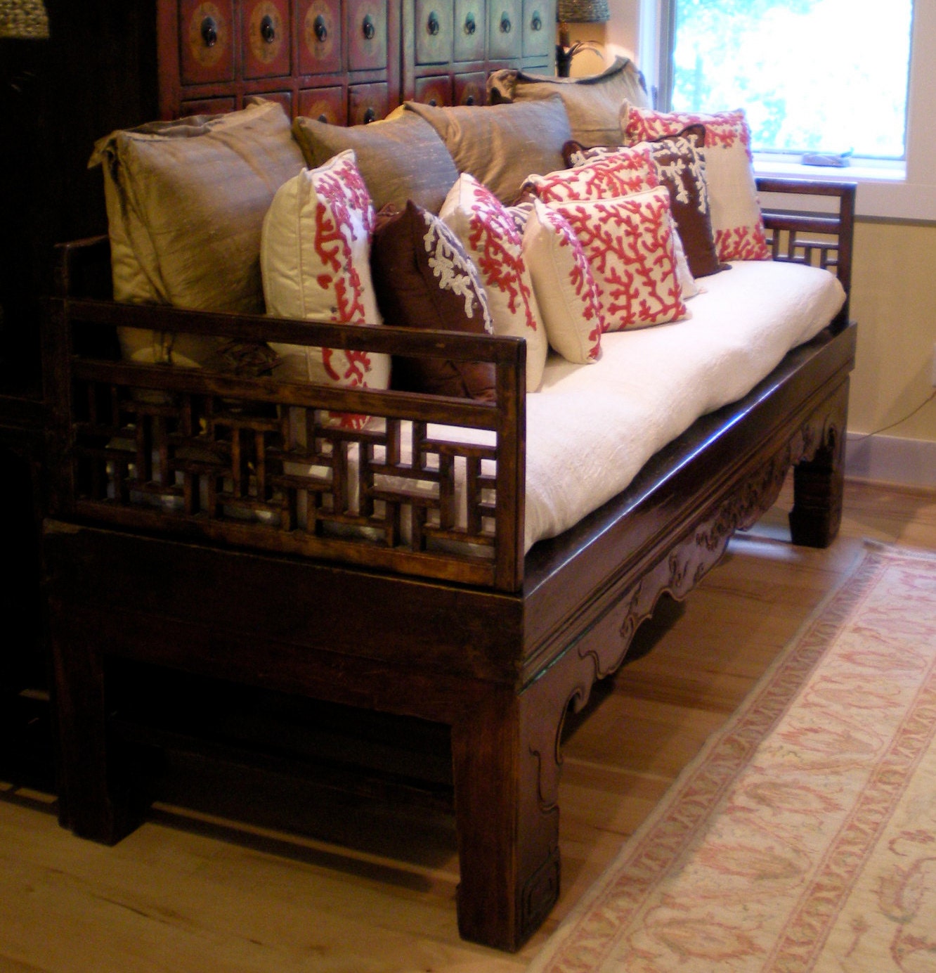 Asian Chinese Antique 1800's elm wood carved daybed or