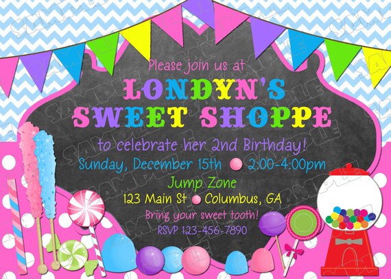 Sweet shoppe candy chalkboard any color invitation birthday party printable invitations UPrint customized card by greenmelonstudios Il_570xn