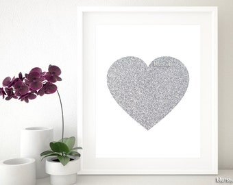 Printable silver glitter heart, Valentines printable, silver nursery print, nursery decor, silver home decor, coral print 8X10" 11x14" gp025