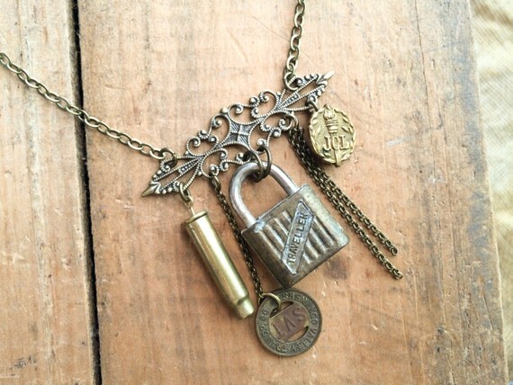 Repurposed Lock Token JCL Pin and Bullet Casing Necklace