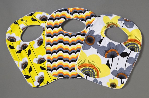 Baby Girl Bib Set - Large Flowers, Wavy Strips and Flower Vines in Summery Yellow, Orange, Black and Gray